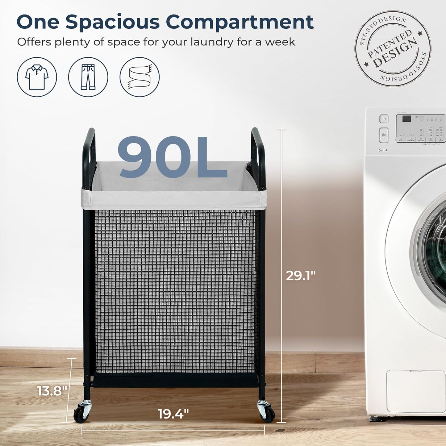 STO STO Laundry Hamper, 90L Rolling Laundry Sorter Cart with Removable and Washable Liner Bag