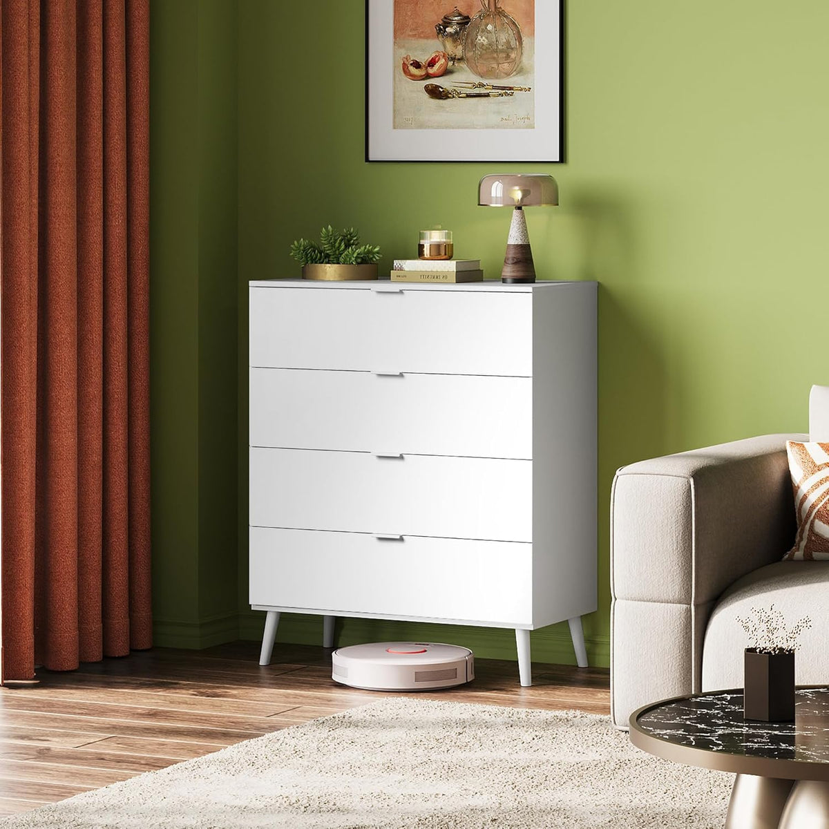 WLIVE 4 Drawer Dresser for Bedroom, Tall Wood Dresser, Modern White Dressers with Sturdy Metal