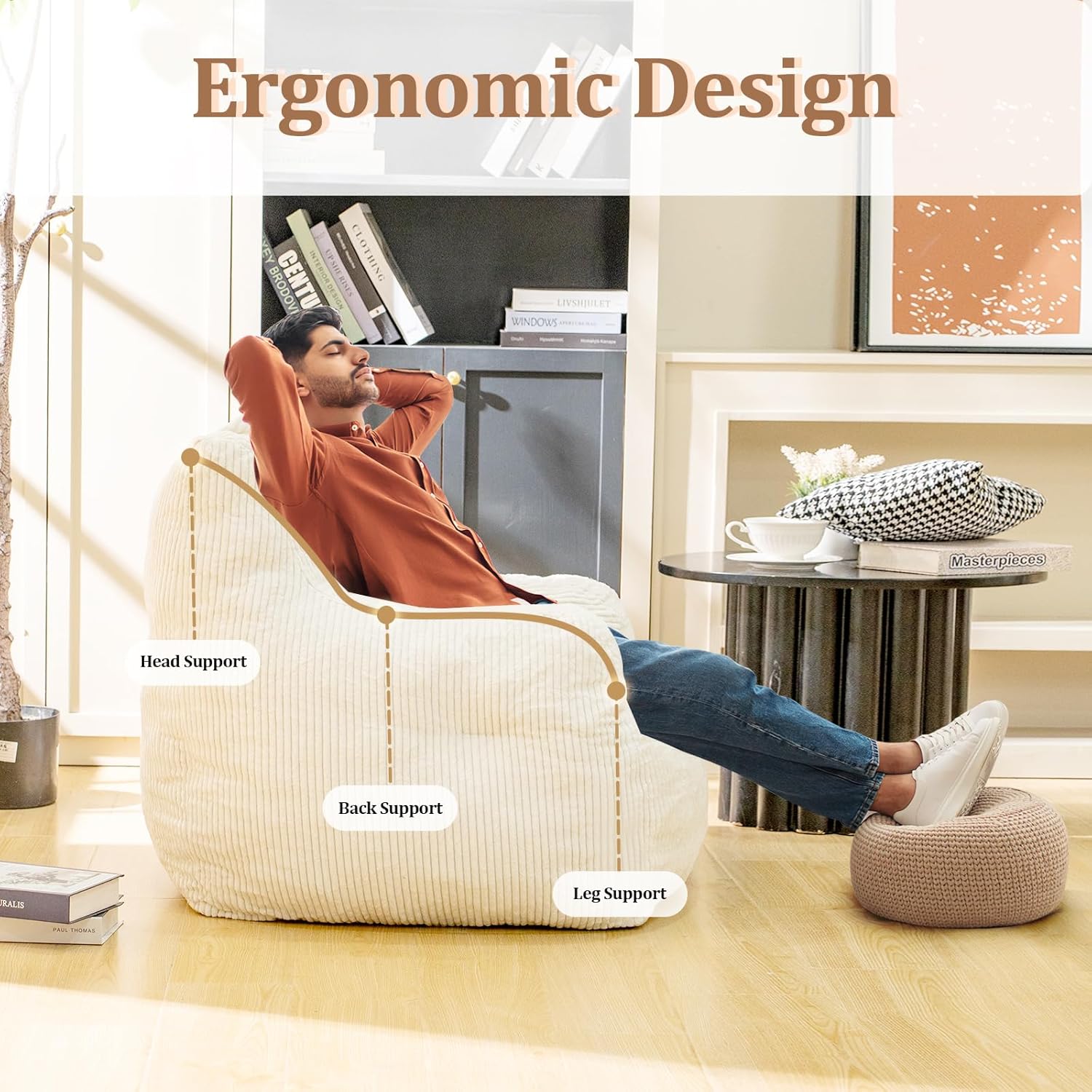 Bean Bag Chair for Adults - Faux Fur, Fluffy and Comfy with Filler, Big Sofa for Reading, Gaming
