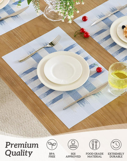 Leetaltree Geometric Print Blue Placemats Set of 6 - Heat Resistant Non-Slip Place mats for Dining