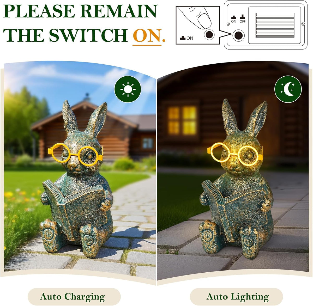Solar Garden Decor, Adorable Rabbit Statue with Solar-Powered Glasses, Outdoor Decoration Lights