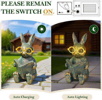 Solar Garden Decor, Adorable Rabbit Statue with Solar-Powered Glasses, Outdoor Decoration Lights