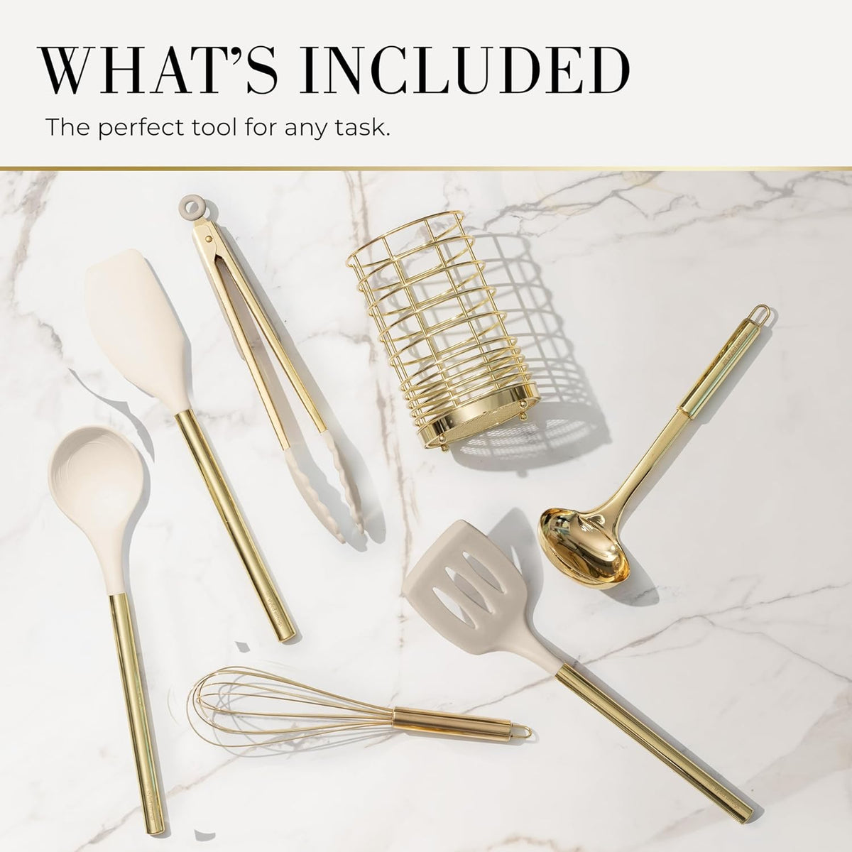 7-Piece Beige & Gold Kitchen Utensils Set – Non-Toxic Silicone & Stainless Steel Tools for Cooking