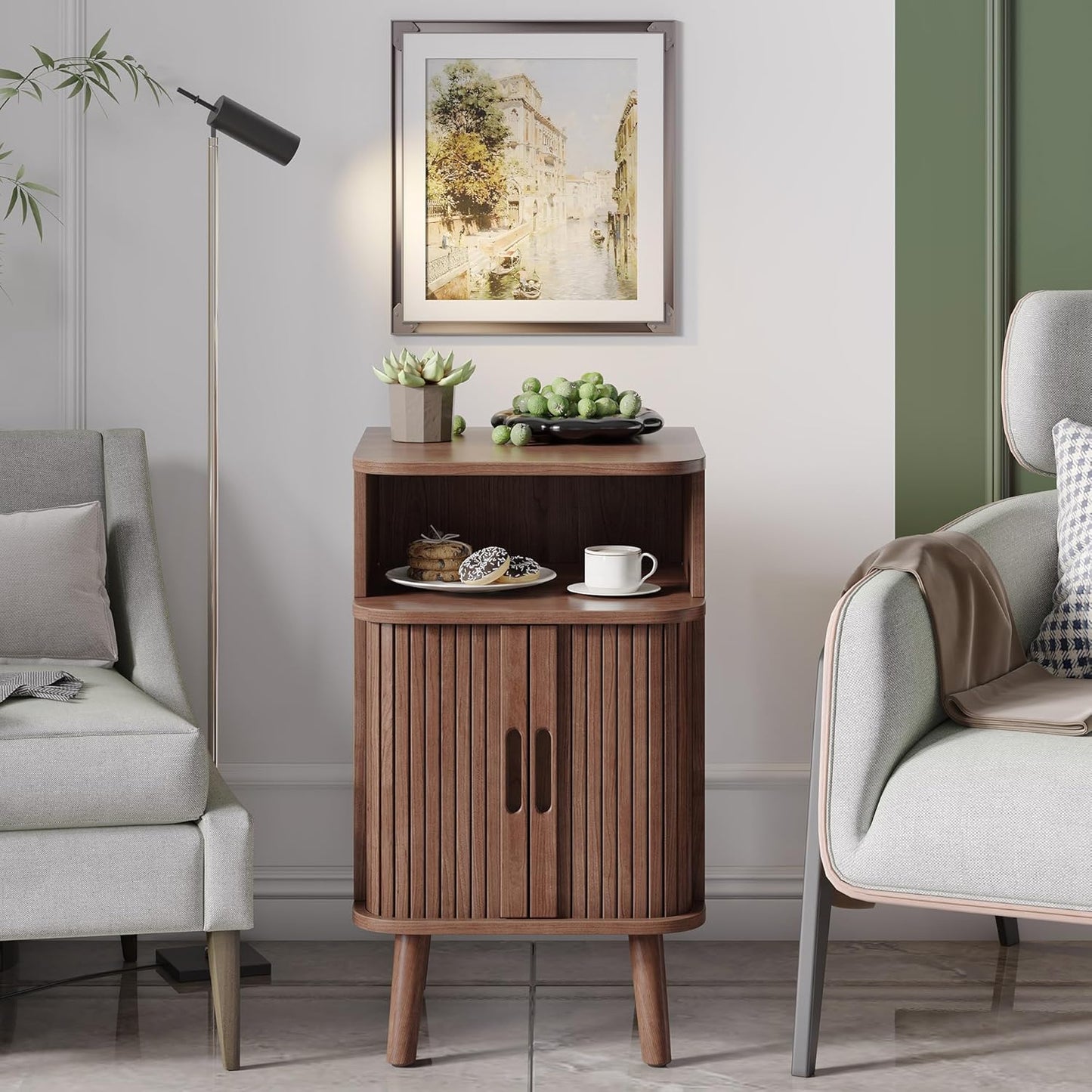 Alohappy Mid Century Modern End Table with Sliding Tambour Door, Fluted Wood Nightstand, Curved