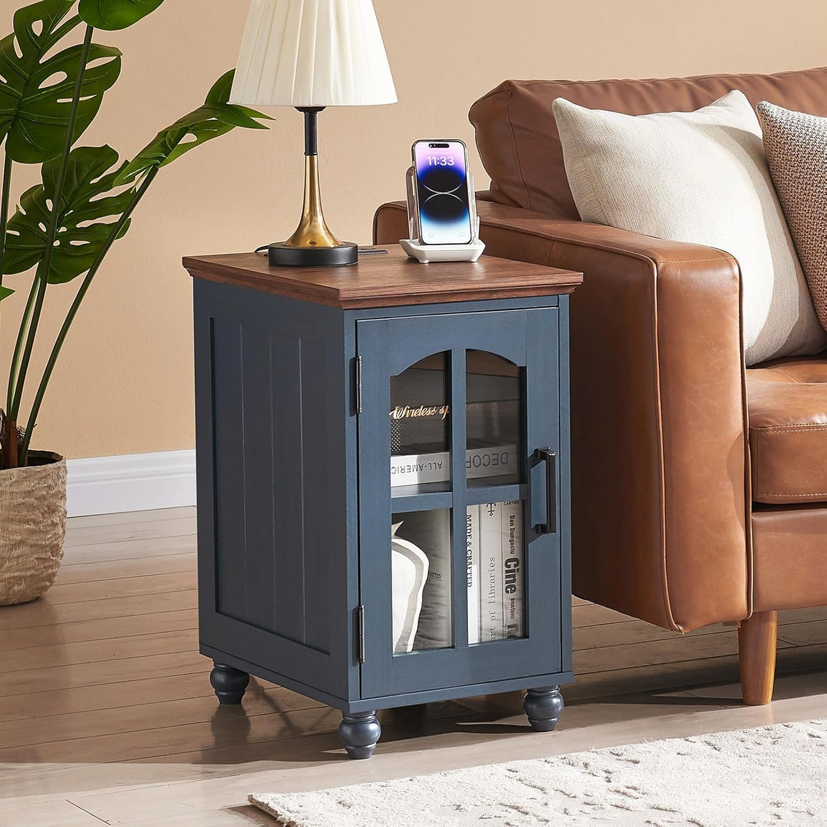 Narrow Side Table Set of 2,Farmhouse Nightstand with Charging Station,End Table with Glass Barn