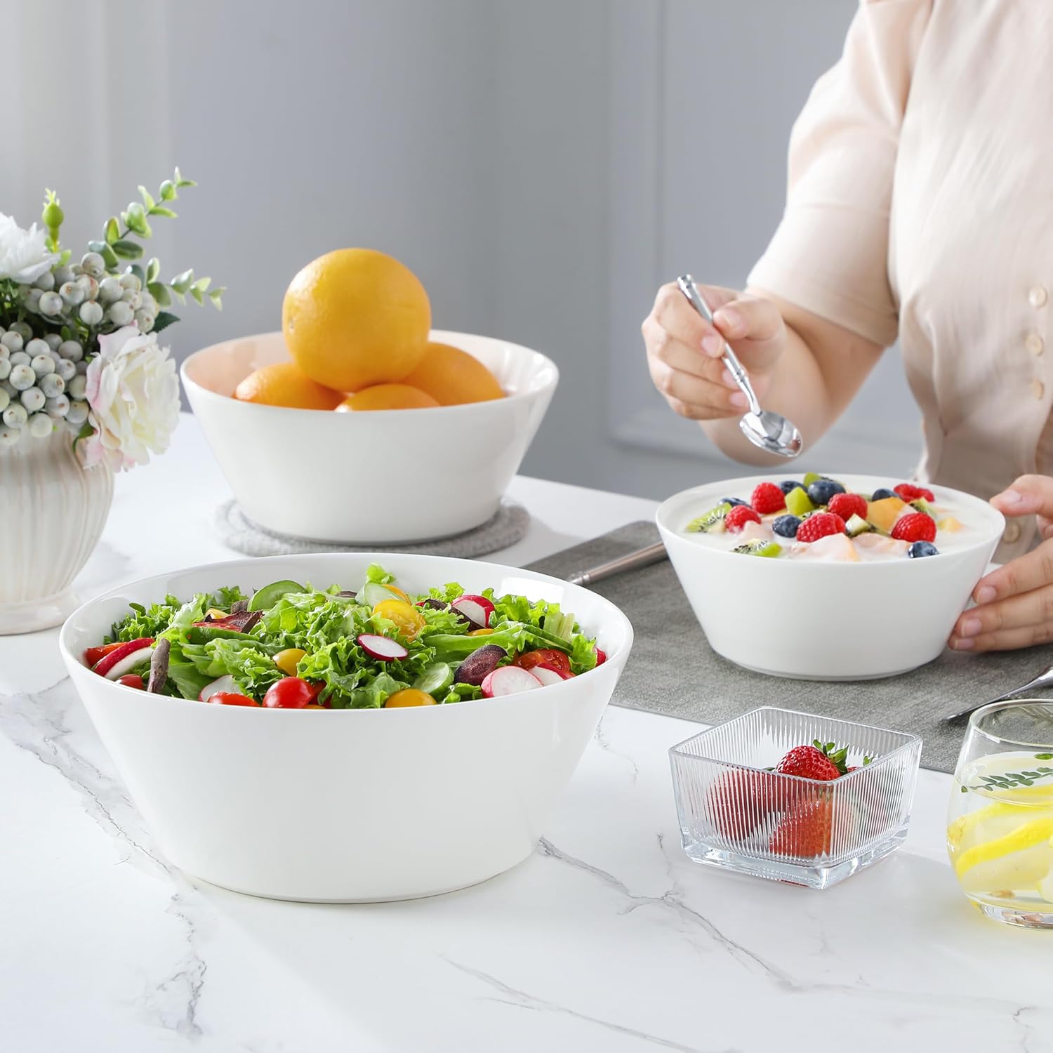 MALACASA Serving Bowls, Ceramic Mixing Bowls for Kitchen, 105/60/35 OZ White Bowls Set of 3