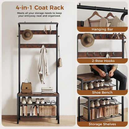 KMFurnila Hall Tree with Bench and Shoe Storage, 4-in-1 Entryway Organizer with 10 Hooks and