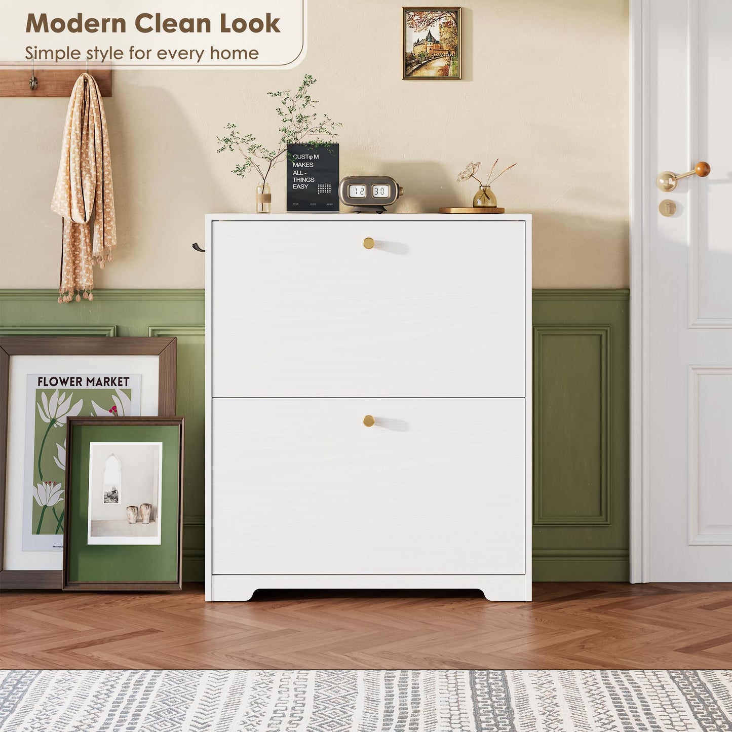 Nicetree Shoe Cabinet with 2 Flip Drawers, Narrow Shoe Organizer Cabinet, Freestanding Shoe Rack