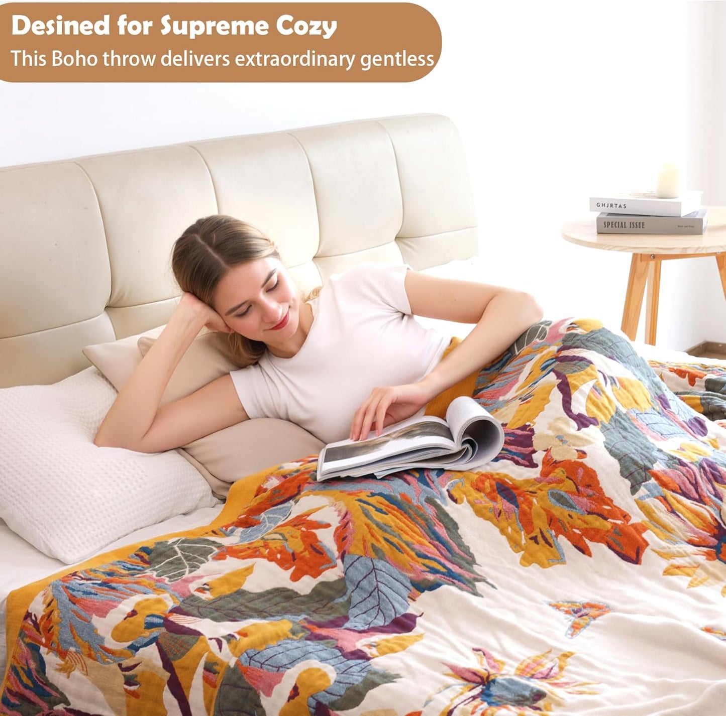 Boho Large Throw Blanket, 100% Organic Cotton Breathable Soft Bed King Throw - Fall Floral Bird