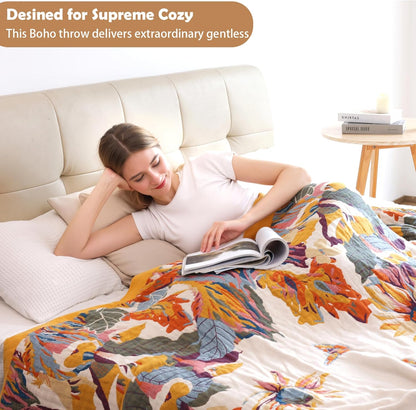 Boho Large Throw Blanket, 100% Organic Cotton Breathable Soft Bed King Throw - Fall Floral Bird