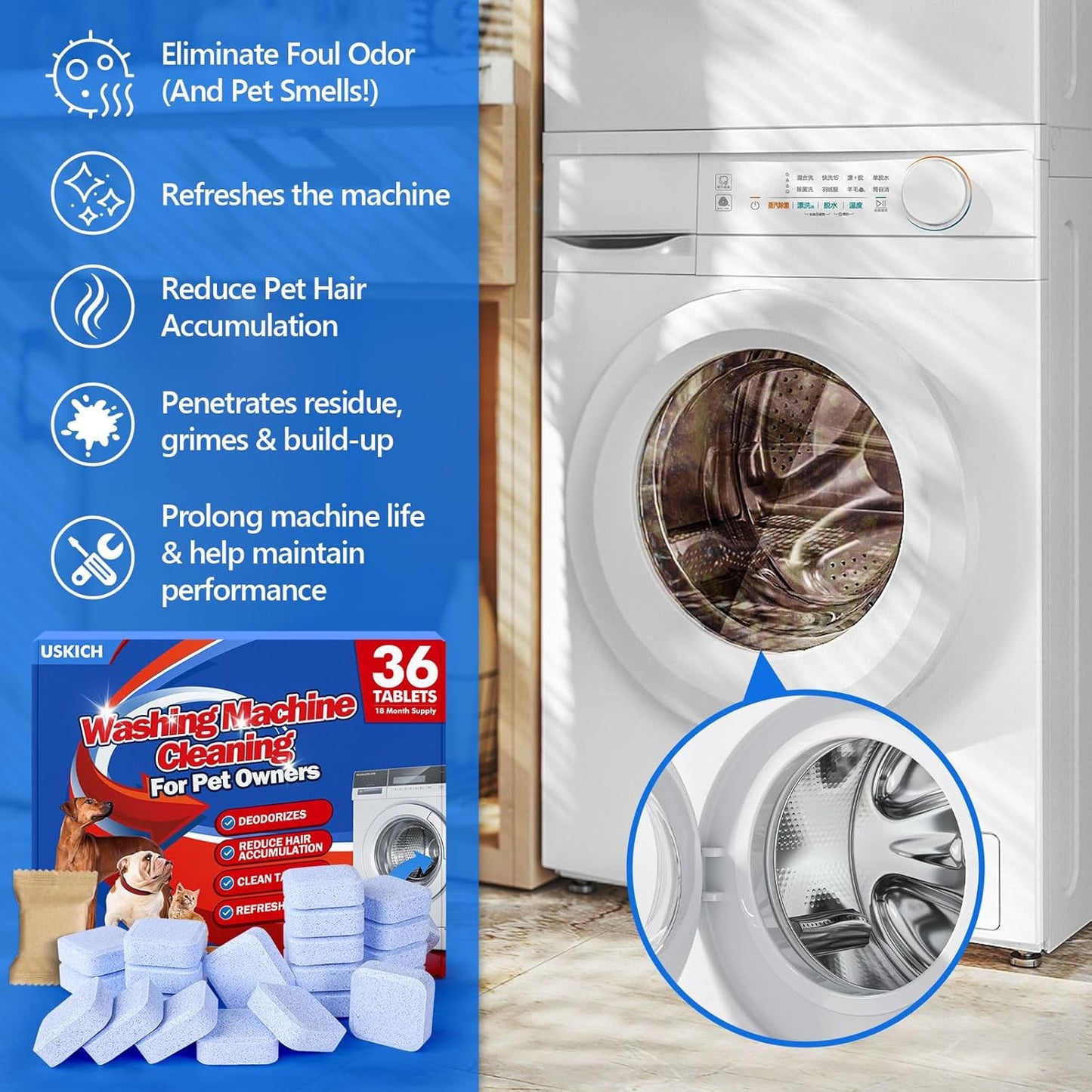 36Pack Washing Machine Cleaner Tablets-18 Month Supply,Washer Machine Cleaner Formulated For Pet