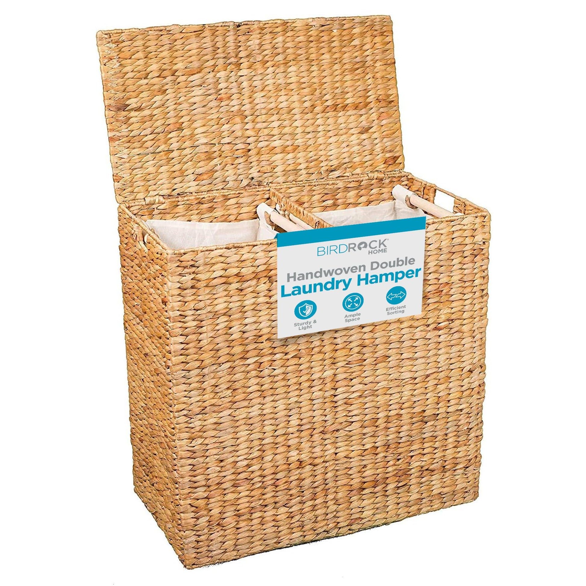 BirdRock Home Water Hyacinth Laundry Hamper Divided Interior (Natural) | Eco Friendly | Made of