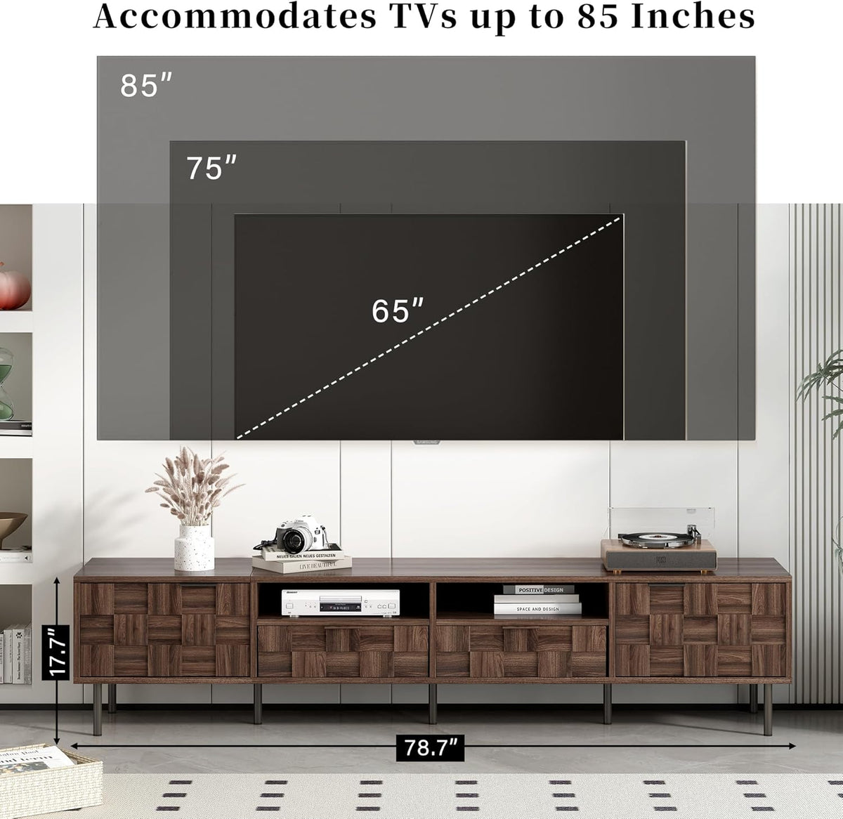 Modern TV Stand for TVs up to 85", Mid-Century Media Console with Checkered Cabinet Doors, Storage