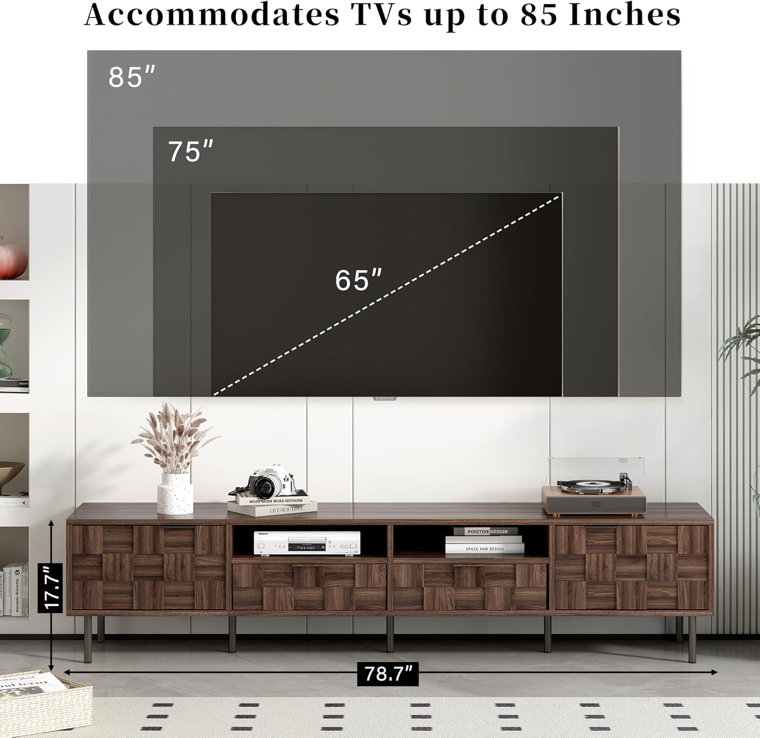 Modern TV Stand for TVs up to 85", Mid-Century Media Console with Checkered Cabinet Doors, Storage