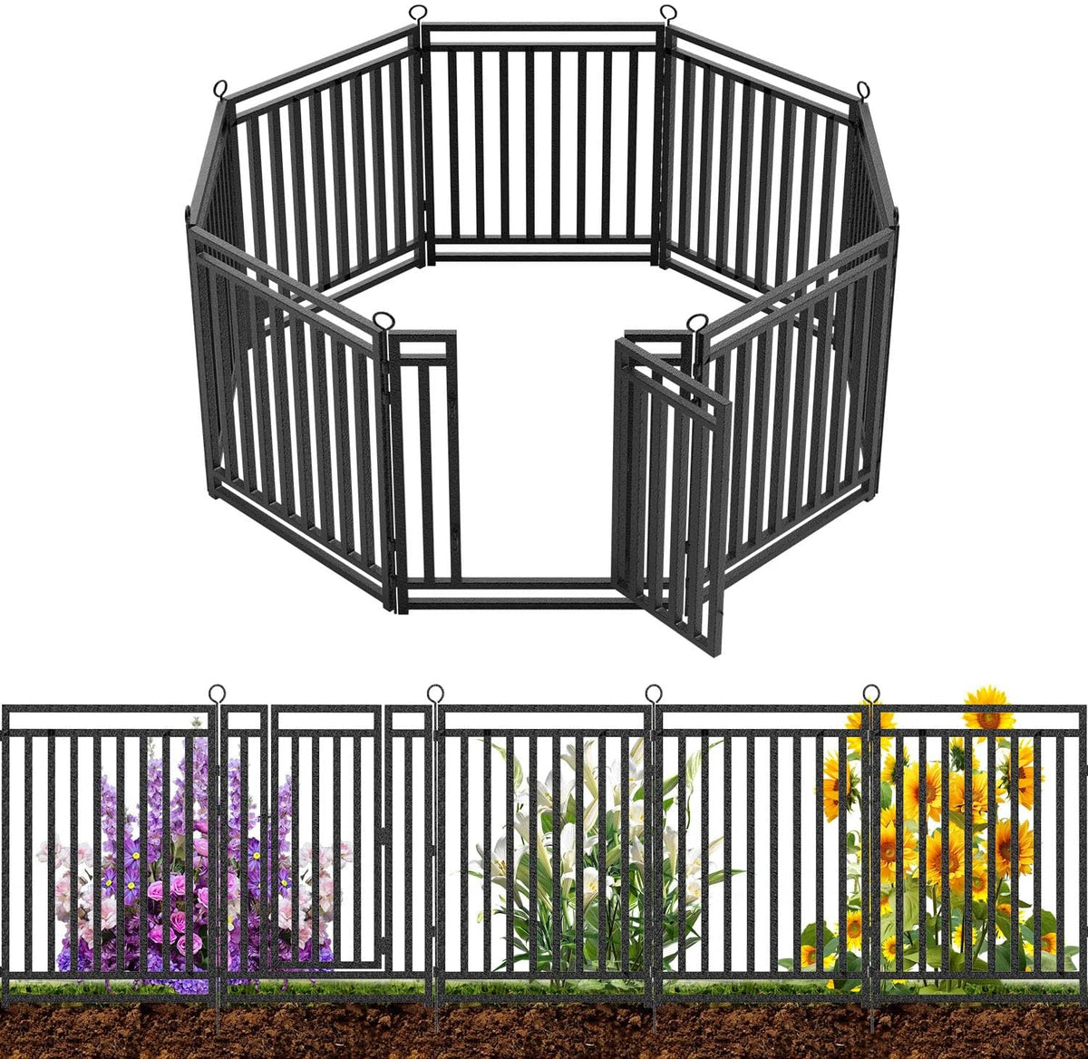 Decorative Garden Fence Metal Dog Fence Outdoor for Yard, 18ft (L) × 32in (H), 7 Panels + 1 Gate