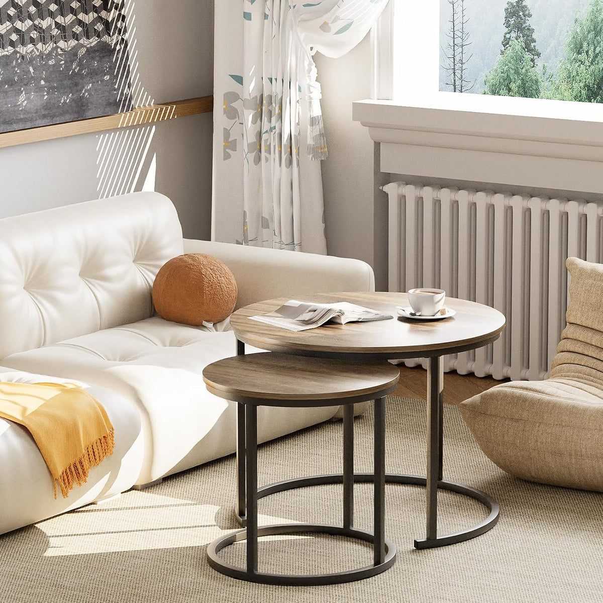 aboxoo Coffee Table Nesting Side Round Table Set of 2 End Table with Sturdy Metal Frame for Living