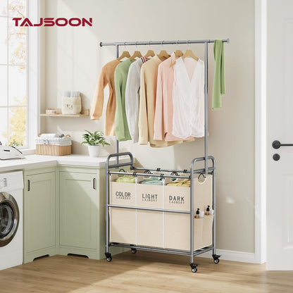 Tajsoon Laundry Hamper with Hanging Rack, 3 Section Laundry Sorter with Heavy Duty Lockable Wheels