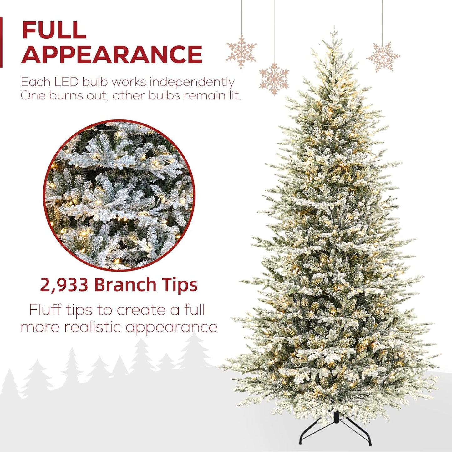 Hykolity 7.5 ft Prelit Snow Flocked Christmas Tree, 2933 PE&PVC Realistic Branch Tips, Artificial