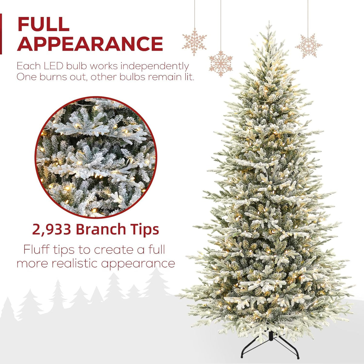 Hykolity 7.5 ft Prelit Snow Flocked Christmas Tree, 2933 PE&PVC Realistic Branch Tips, Artificial