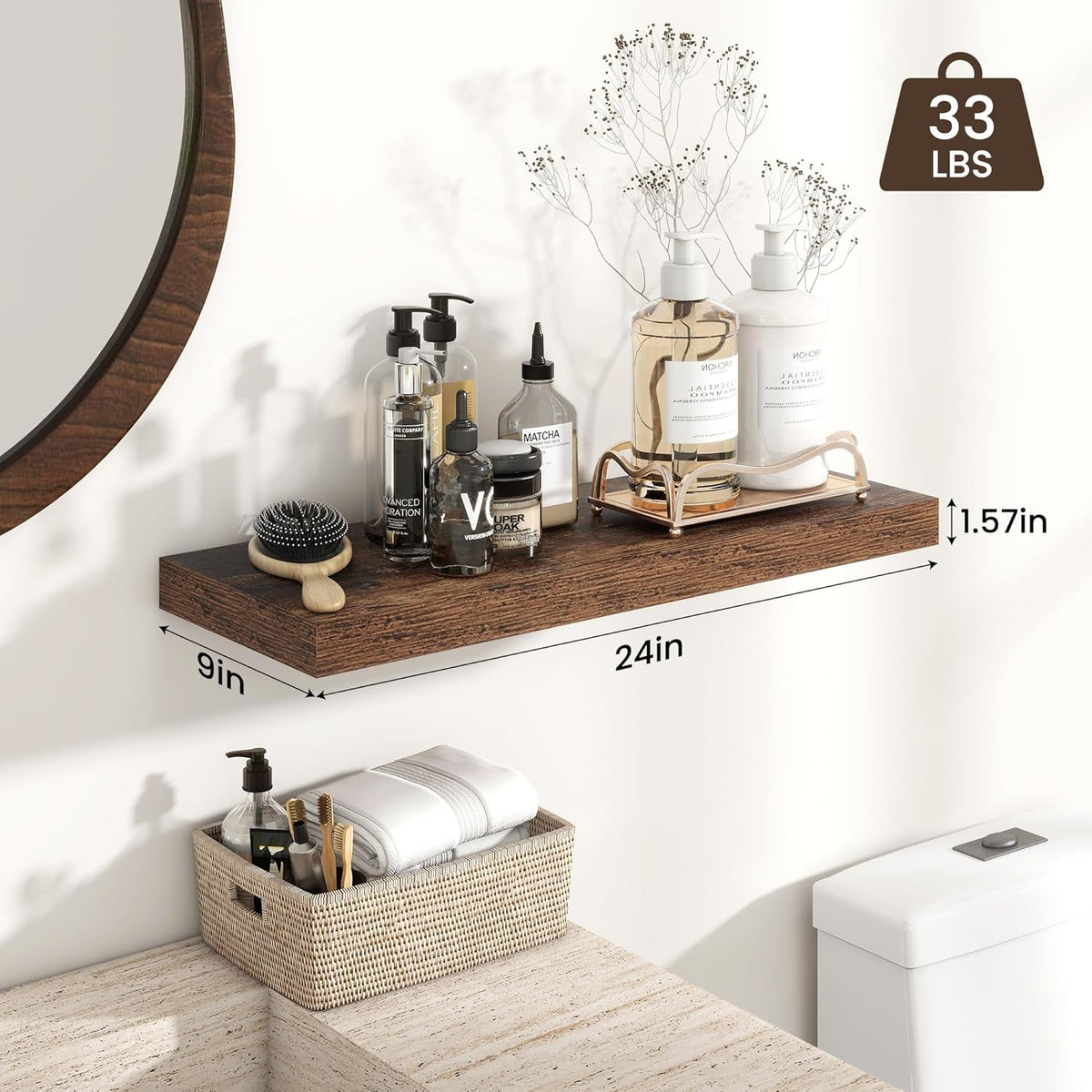 Heimlove 24 inch Floating Shelves for Wall,9.3 inch deep Brown Bathroom Over Toilet Shelf,Wall