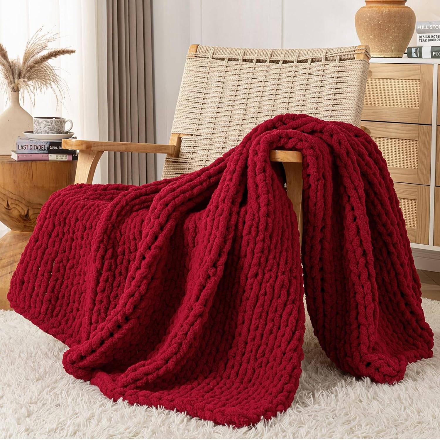 Chunky Knit Blanket Throw, 100% Hand Knit Throw Blanket Handmade Chenille Cable Knit Throw for