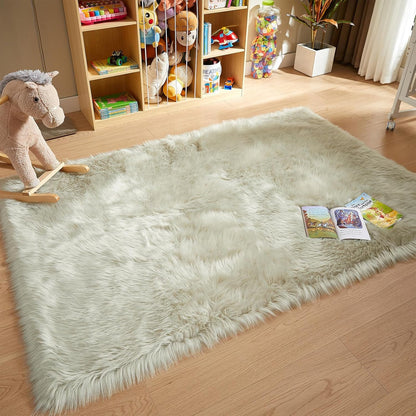 AMTOVO Faux Fur Sheepskin Rug for Living Room, 4 x 6 ft Light Grey Fluffy Area Rug for Bedroom