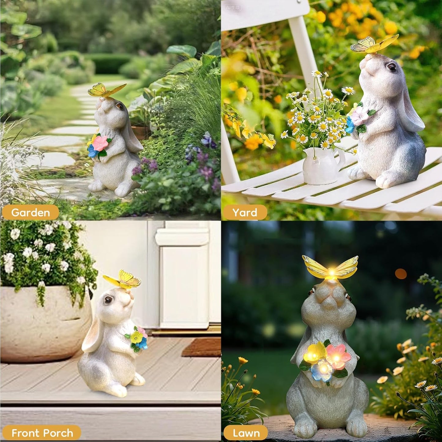 Solar Bunny Statues Light with Butterfly LED - Auto On/Off Weathproof Resin Garden Figurine Decor