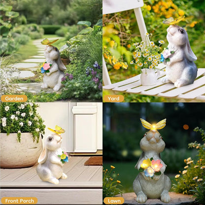 Solar Bunny Statues Light with Butterfly LED - Auto On/Off Weathproof Resin Garden Figurine Decor