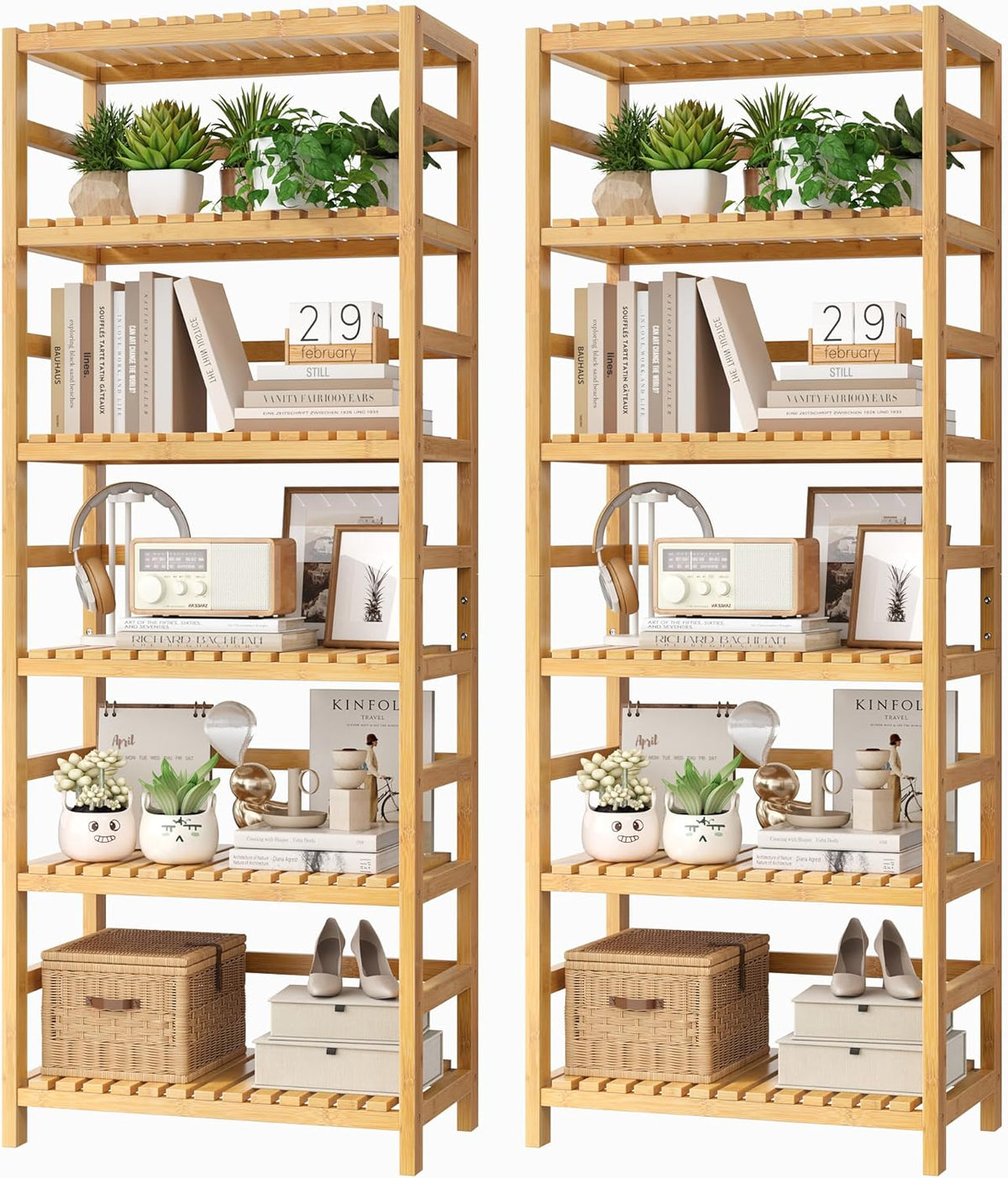 FOTOSOK 6-Tier Bamboo Shelf Set of 2, Bamboo Bookcase with Adjustable Shelves, Free Standing
