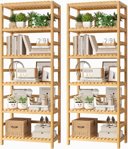 FOTOSOK 6-Tier Bamboo Shelf Set of 2, Bamboo Bookcase with Adjustable Shelves, Free Standing