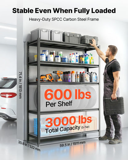 VEVOR Garage Shelving, 5-Tier Adjustable Storage Shelves, 3000 lbs Heavy Duty Garage Shelves, Metal