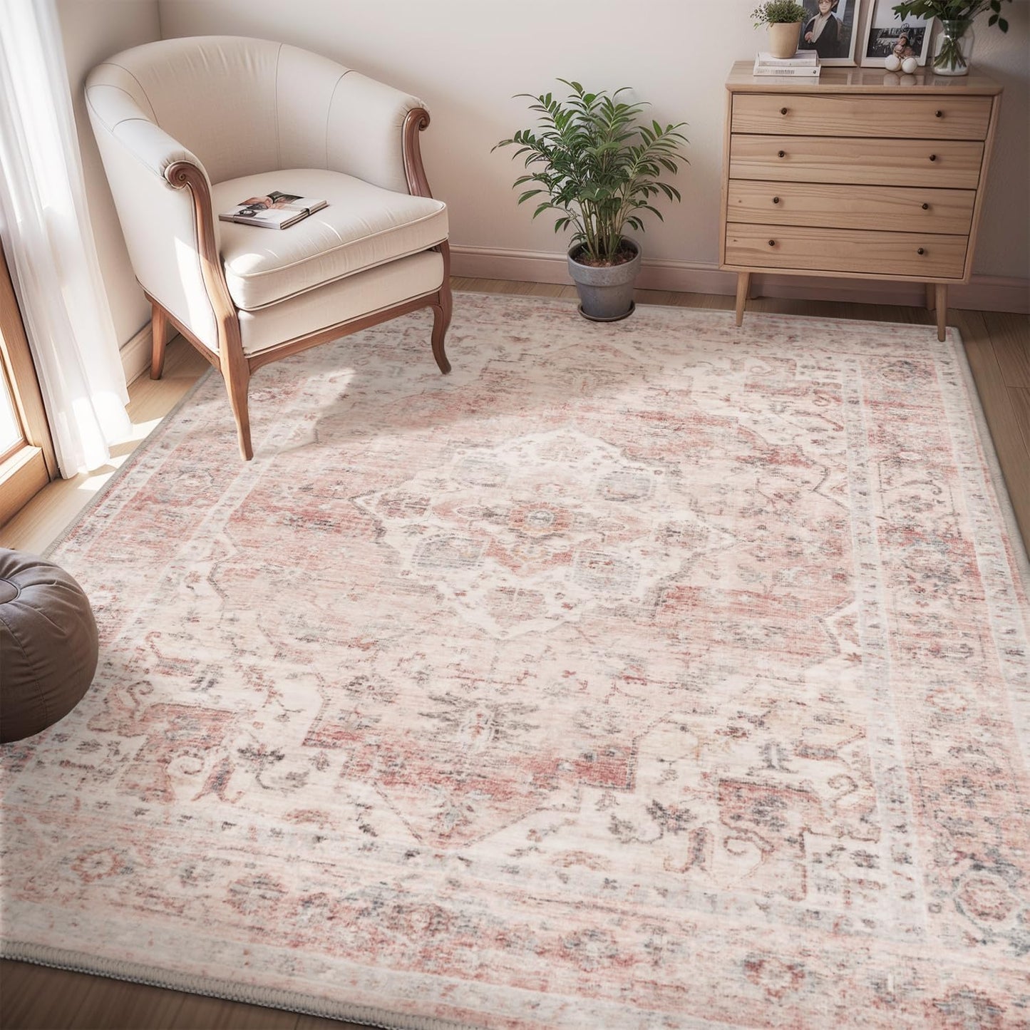 AMOAMI 4x6 Soft Vintage Area Rug - Non-Slip Washable Rug for Living Room, Bedroom, Dining Room