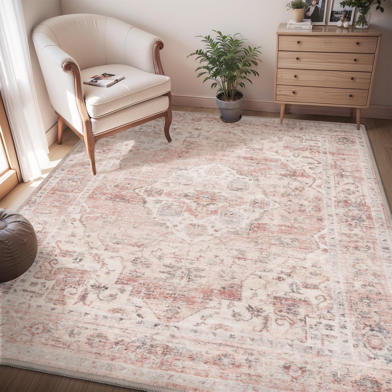 AMOAMI 4x6 Soft Vintage Area Rug - Non-Slip Washable Rug for Living Room, Bedroom, Dining Room