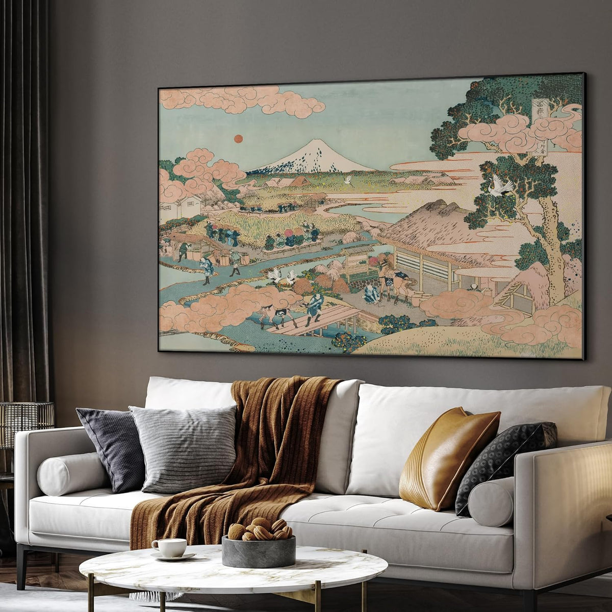SIGNWIN 46"x72" Extra Large Framed Wall Art Japanese Ukiyo-e Landscape, Timeless Mt. Fuji Scene for