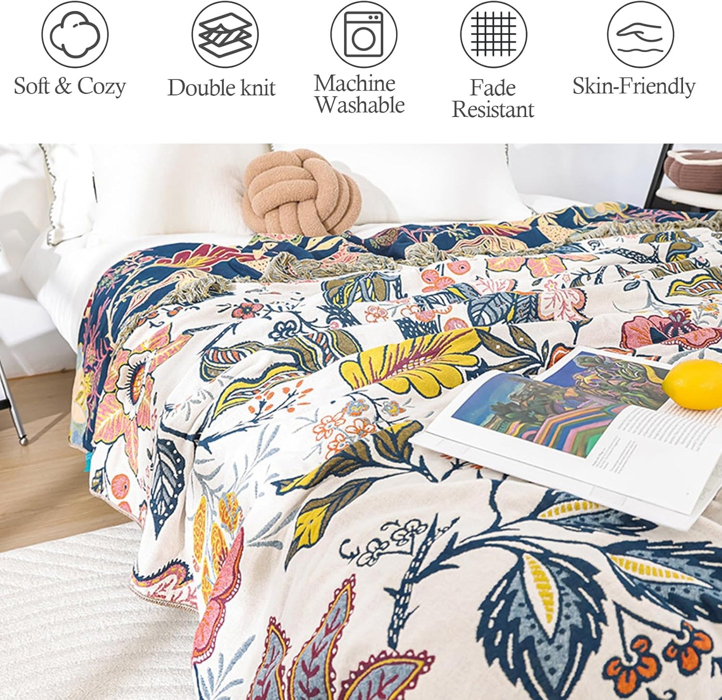 Snycler Boho Throw Blanket for Bed, 100% Organic Cotton Muslin Soft Throw-Floral Farmhouse Rustic