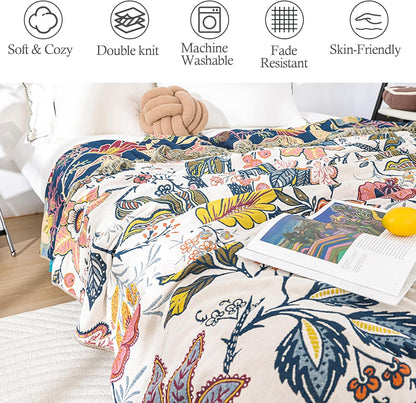 Snycler Boho Throw Blanket for Bed, 100% Organic Cotton Muslin Soft Throw-Floral Farmhouse Rustic