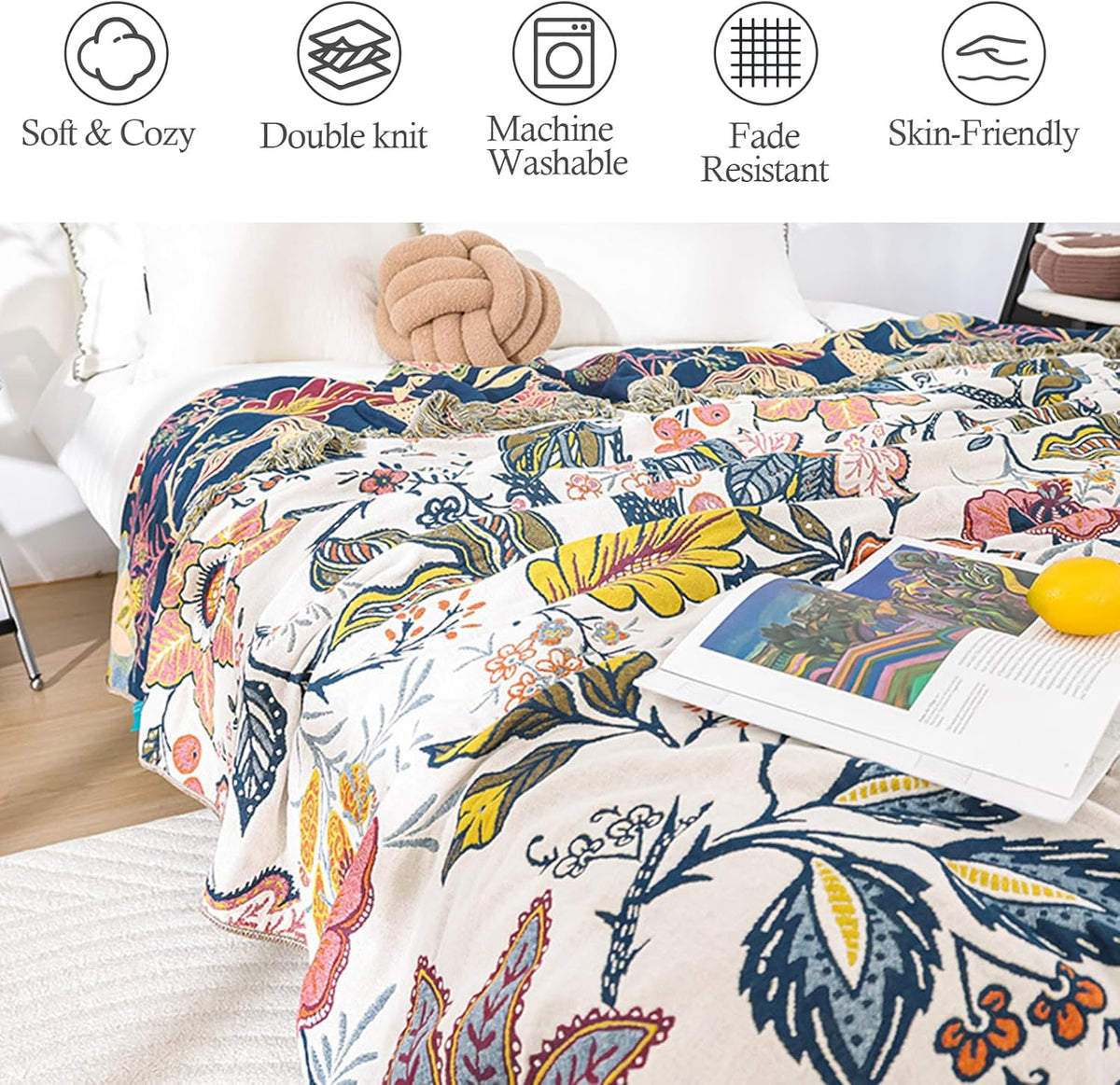 Snycler Boho Throw Blanket for Bed, 100% Organic Cotton Muslin Soft Throw-Floral Farmhouse Rustic