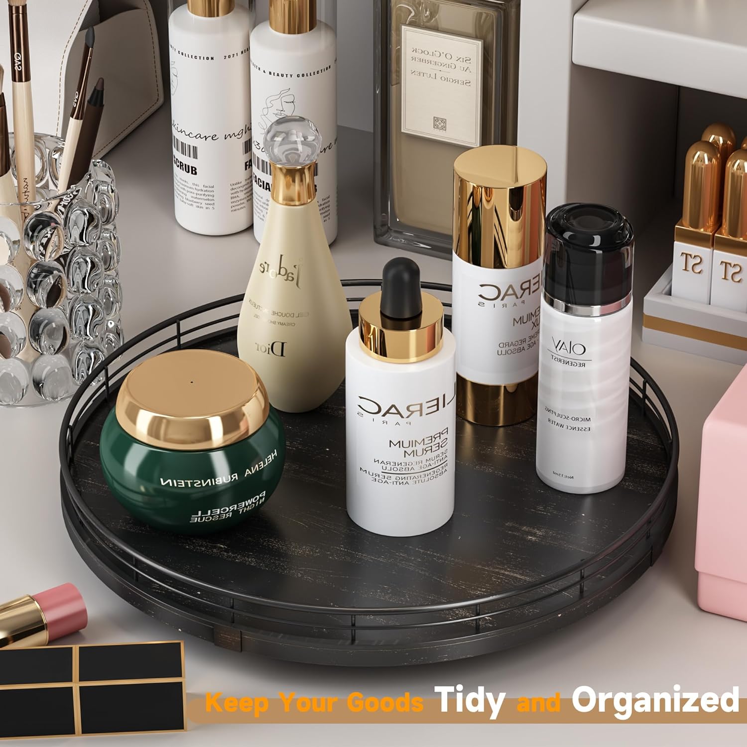 13" Oak Bathroom Vanity Tray Turntable for Perfume Candle, Round Wooden Decorative Tray for Kitchen