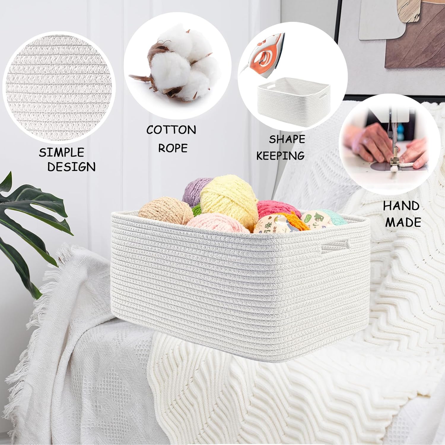 COMFY-HOMI Cotton Rope Woven Basket with Handles for Shelves,Toys,Book, Cloth Storage Baskets for