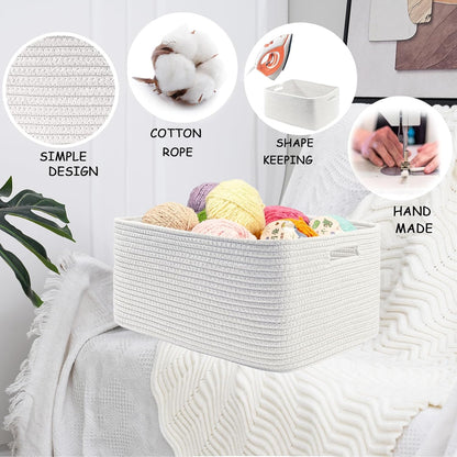 COMFY-HOMI Cotton Rope Woven Basket with Handles for Shelves,Toys,Book, Cloth Storage Baskets for