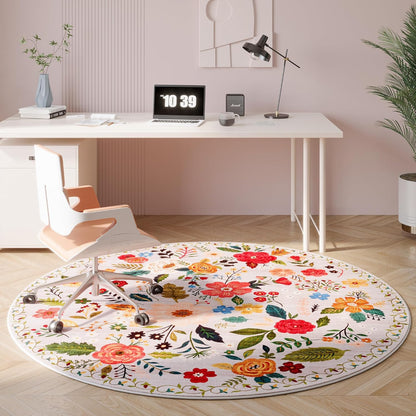 Round Rug 6ft Washable Circle Rug Non Slip Low Pile Boho Floral Small Circular Rug for Bedroom