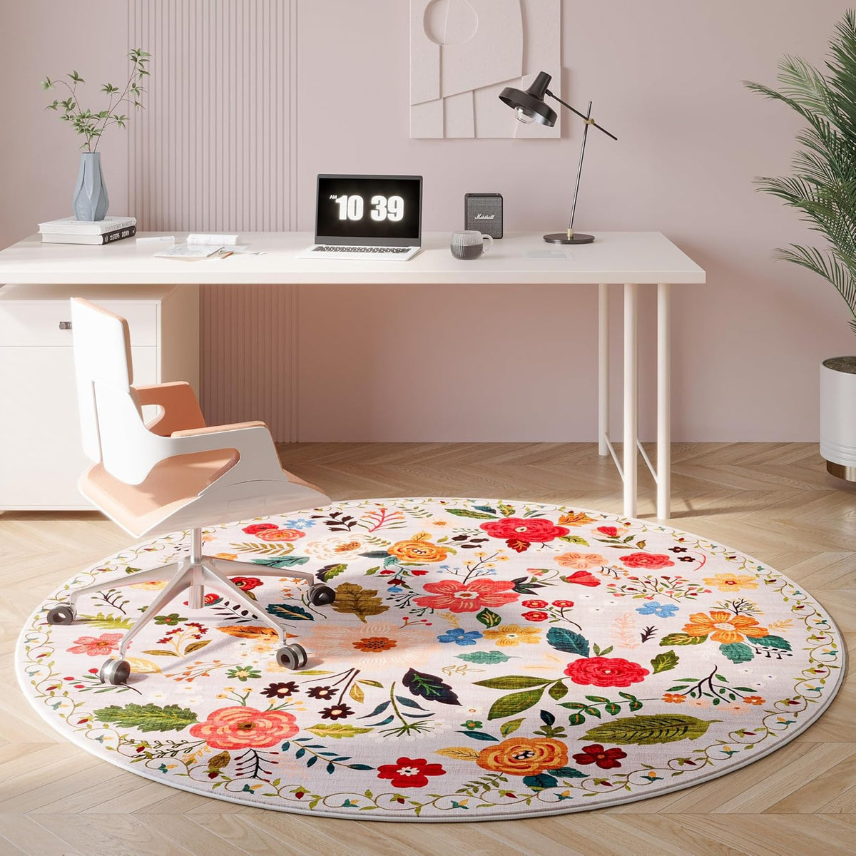 Round Rug 4ft Washable Circle Rug Non Slip Low Pile Boho Floral Small Circular Rug for Bedroom