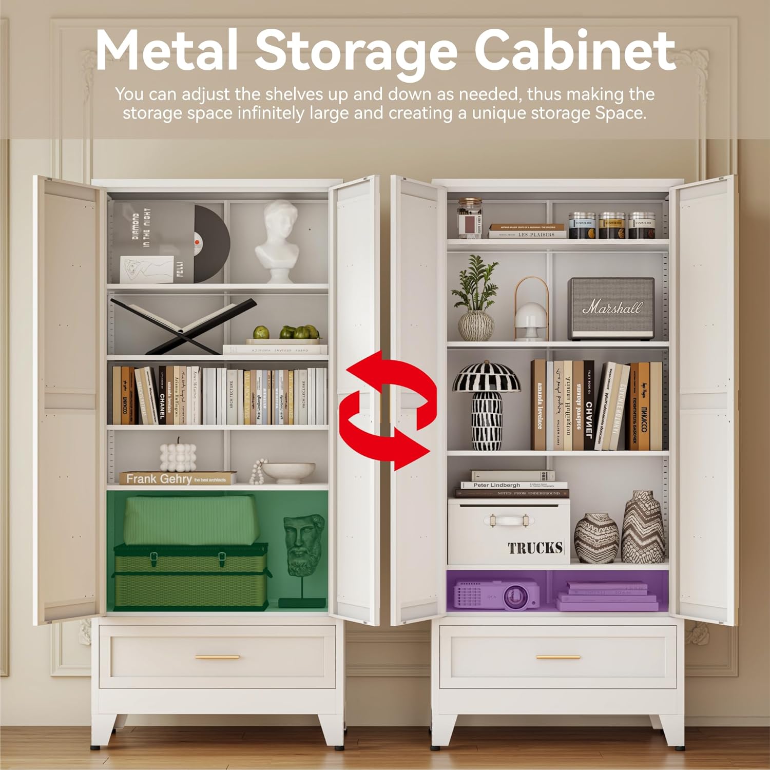 71 "Farmhouse Metal Filing Cabinet with a Drawer and 4 Adjustable Shelves, with 2 Large barn Door