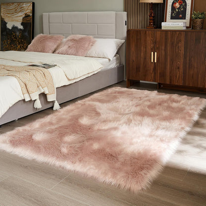 AMTOVO Faux Fur Sheepskin Rug for Living Room, 4 x 6 ft Pink Fluffy Area Rug for Bedroom, Playroom