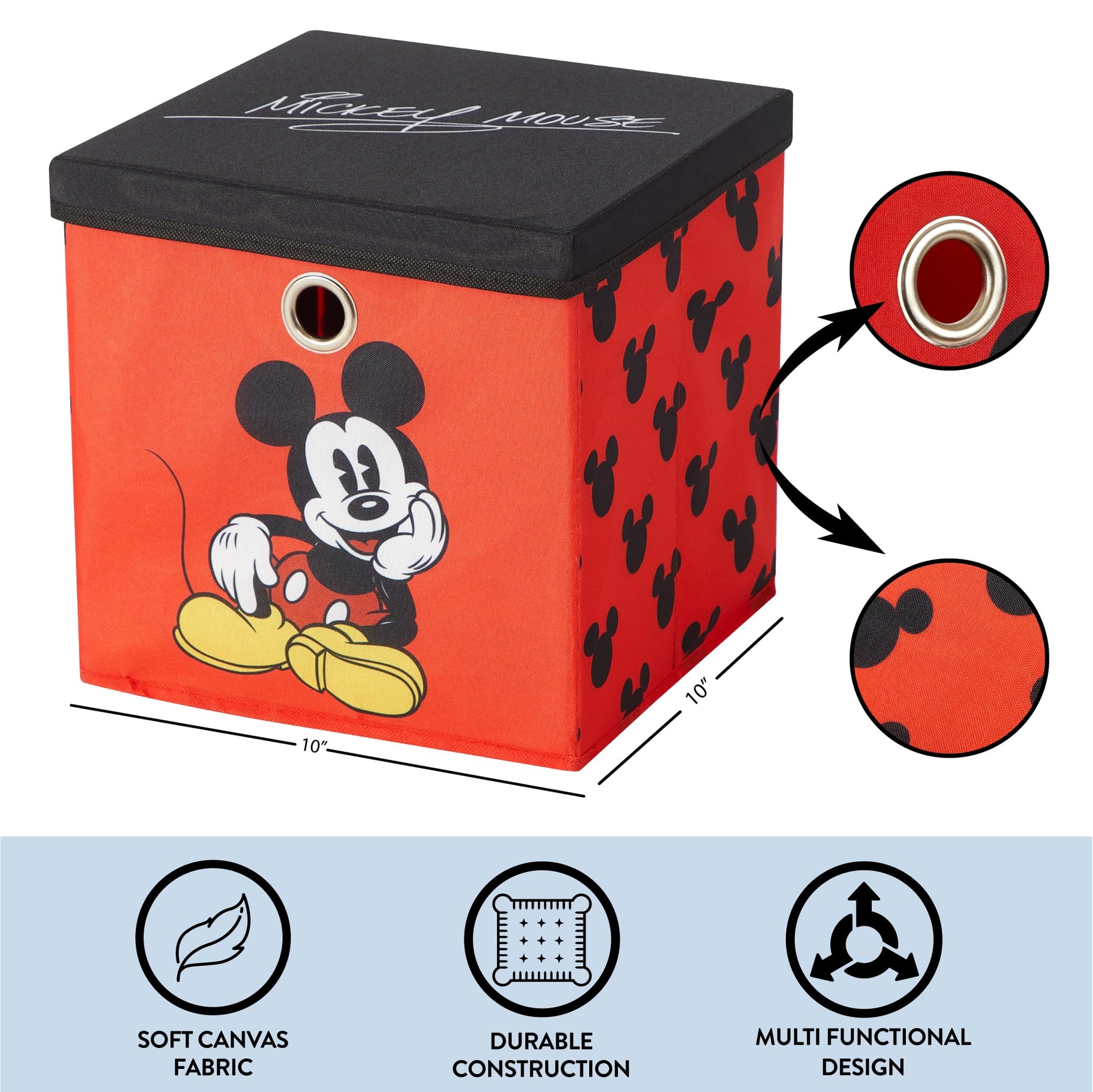 Disney Mickey Mouse Collapsible Storage Cube with Lid, Foldable Fabric Storage Bin for Clothes