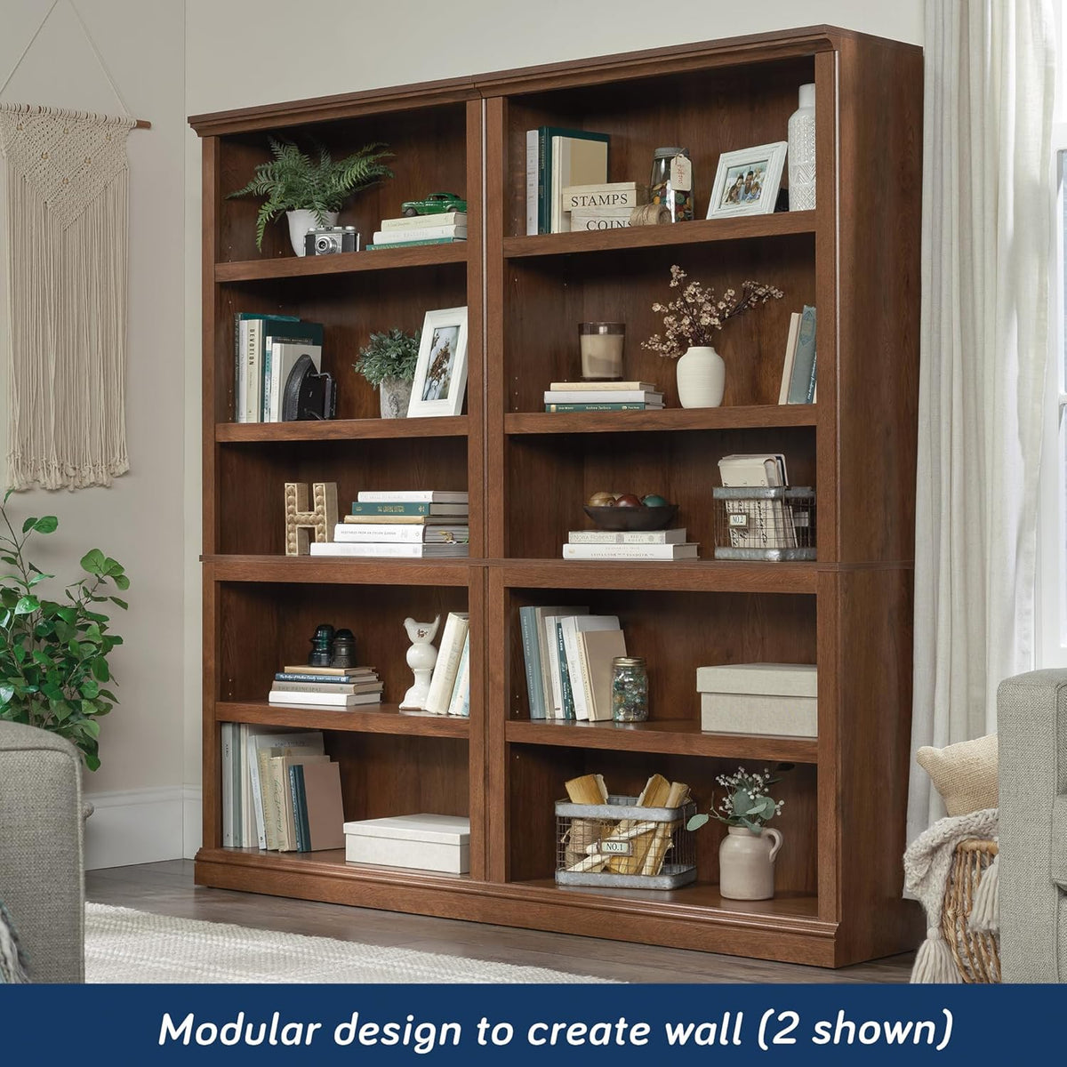 Sauder Miscellaneous Storage 5 Split Bookcase/Book Shelf, L: 35.28" x W: 13.23" x H: 69.76", Oiled