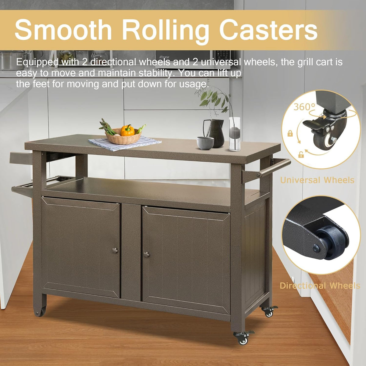 Domi Grill Carts Outdoor Storage Cabinet with Wheels, Metal Outdoor Grill Kitchen Table Dining