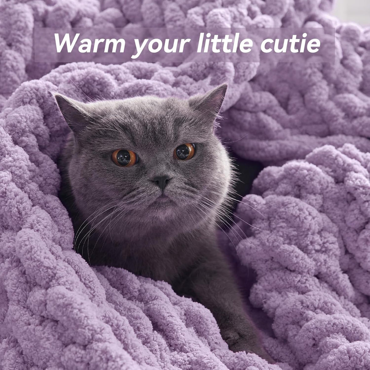 Chunky Knit Throw Blanket, 50''*60'' Knitted Throw Chenille Yarn for Bed Couch, Handmade Light