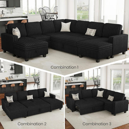 Belffin Corduroy Sleeper Sofa Bed with Storage Chaise Modular Sectional Sofa Couch with Pull Out