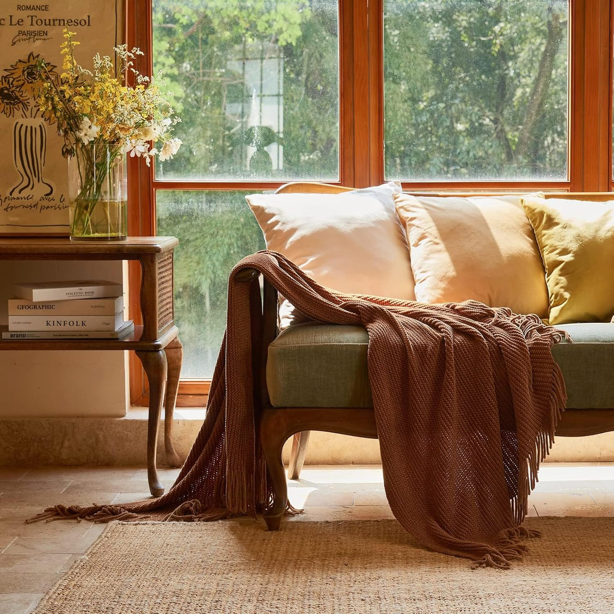 lifein Throw Blanket for Couch, Soft Boho Decor Bed Throw,Cozy Brown Knitted Chenille Small